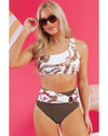 Khaki Abstract Print One Shoulder Ring Linked High Waist Bikini - XL