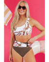 Khaki Abstract Print One Shoulder Ring Linked High Waist Bikini - XL
