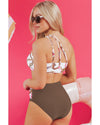 Khaki Abstract Print One Shoulder Ring Linked High Waist Bikini - XL