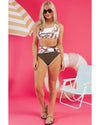 Khaki Abstract Print One Shoulder Ring Linked High Waist Bikini - XL