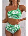Green Floral Print One Shoulder High Waist Bikini Set - L