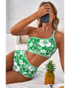 Green Floral Print One Shoulder High Waist Bikini Set - L