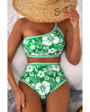Green Floral Print One Shoulder High Waist Bikini Set - XL