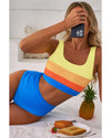 Blue Colorblock Square Neck Top Pleated High Waisted Bikini - 2XL