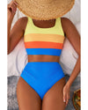 Blue Colorblock Square Neck Top Pleated High Waisted Bikini - 2XL