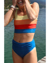Blue Colorblock Square Neck Top Pleated High Waisted Bikini - 2XL