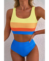 Blue Colorblock Square Neck Top Pleated High Waisted Bikini - S
