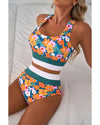 Green Floral Print Racerback Cutout High Waist 2pcs Bikini - L
