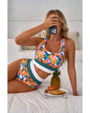 Green Floral Print Racerback Cutout High Waist 2pcs Bikini - L