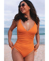 Orange Adjustable Straps Ribbed Knit One Piece Swimsuit - XL