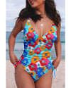 Sky Blue Orange Adjustable Straps Ribbed Knit One Piece Swimsuit - 2XL