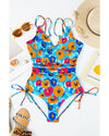 Sky Blue Orange Adjustable Straps Ribbed Knit One Piece Swimsuit - 2XL