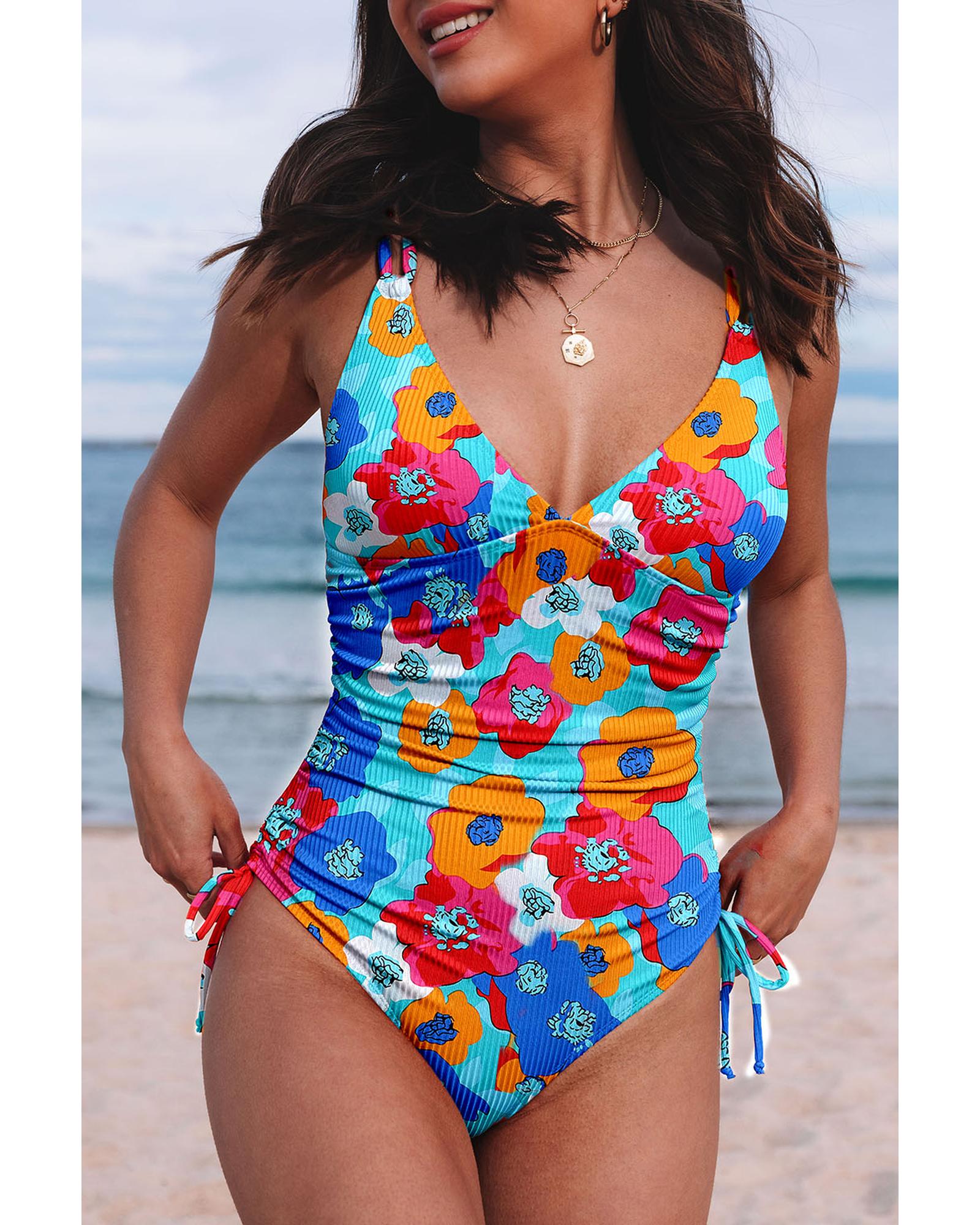 Sky Blue Orange Adjustable Straps Ribbed Knit One Piece Swimsuit - L