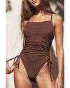 Coffee Ribbed Drawstring Sides Cutout One Piece Swimsuit - XL