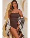 Coffee Ribbed Drawstring Sides Cutout One Piece Swimsuit - XL
