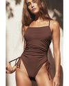 Coffee Ribbed Drawstring Sides Cutout One Piece Swimsuit - XL