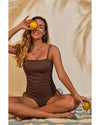 Coffee Ribbed Drawstring Sides Cutout One Piece Swimsuit - XL