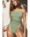 Laurel Green Ribbed Drawstring Sides Cutout One Piece Swimsuit - 2XL