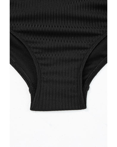 Black Ribbed Drawstring Sides Cutout One Piece Swimsuit - S