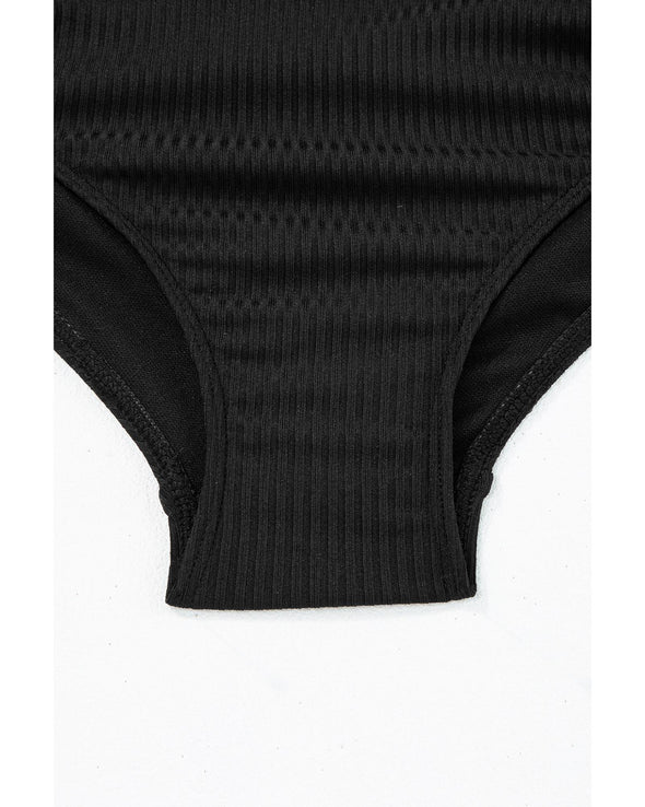 Black Ribbed Drawstring Sides Cutout One Piece Swimsuit - S