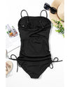 Black Ribbed Drawstring Sides Cutout One Piece Swimsuit - S