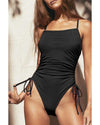 Black Ribbed Drawstring Sides Cutout One Piece Swimsuit - S