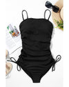 Black Ribbed Drawstring Sides Cutout One Piece Swimsuit - S