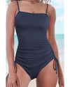 Navy Blue Ribbed Drawstring Sides Cutout One Piece Swimsuit - 2XL