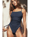 Navy Blue Ribbed Drawstring Sides Cutout One Piece Swimsuit - 2XL