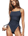 Navy Blue Ribbed Drawstring Sides Cutout One Piece Swimsuit - 2XL