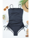Navy Blue Ribbed Drawstring Sides Cutout One Piece Swimsuit - M