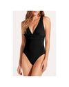 Black Deep V Neck Crossover Backless Ruched High Cut Monokini - M