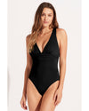 Black Deep V Neck Crossover Backless Ruched High Cut Monokini - M