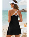 Black Sporty Ribbed Spaghetti Straps One Piece Swimdress - M