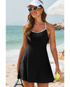 Black Sporty Ribbed Spaghetti Straps One Piece Swimdress - M