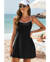 Black Sporty Ribbed Spaghetti Straps One Piece Swimdress - M