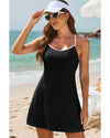 Black Sporty Ribbed Spaghetti Straps One Piece Swimdress - M