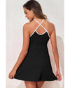 Black Sporty Ribbed Spaghetti Straps One Piece Swimdress - M