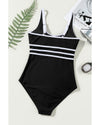 Black Contrast Trim Colorblock U Neck One Piece Swimwear - 2XL
