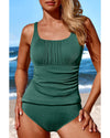 Blackish Green Ruched U Neck Ribbed Tankini - L