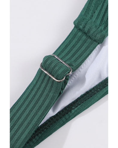 Blackish Green Ruched U Neck Ribbed Tankini - M