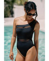 Black Mesh Insert One Shoulder High Waist Teddy Swimsuit - S
