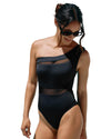 Black Mesh Insert One Shoulder High Waist Teddy Swimsuit - S