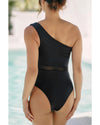 Black Mesh Insert One Shoulder High Waist Teddy Swimsuit - S