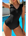 Black Ruffled Trim Ruched One Piece Bathing Suit - S