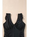 Black Ruffled Trim Ruched One Piece Bathing Suit - S