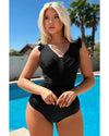 Black Ruffled Trim Ruched One Piece Bathing Suit - S