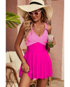 Rose Red Crisscross Straps Tie Back Flared One Piece Swimsuit - L