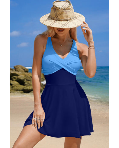 Navy Blue Crisscross Straps Tie Back Flared One Piece Swimsuit - M