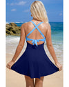 Navy Blue Crisscross Straps Tie Back Flared One Piece Swimsuit - XL
